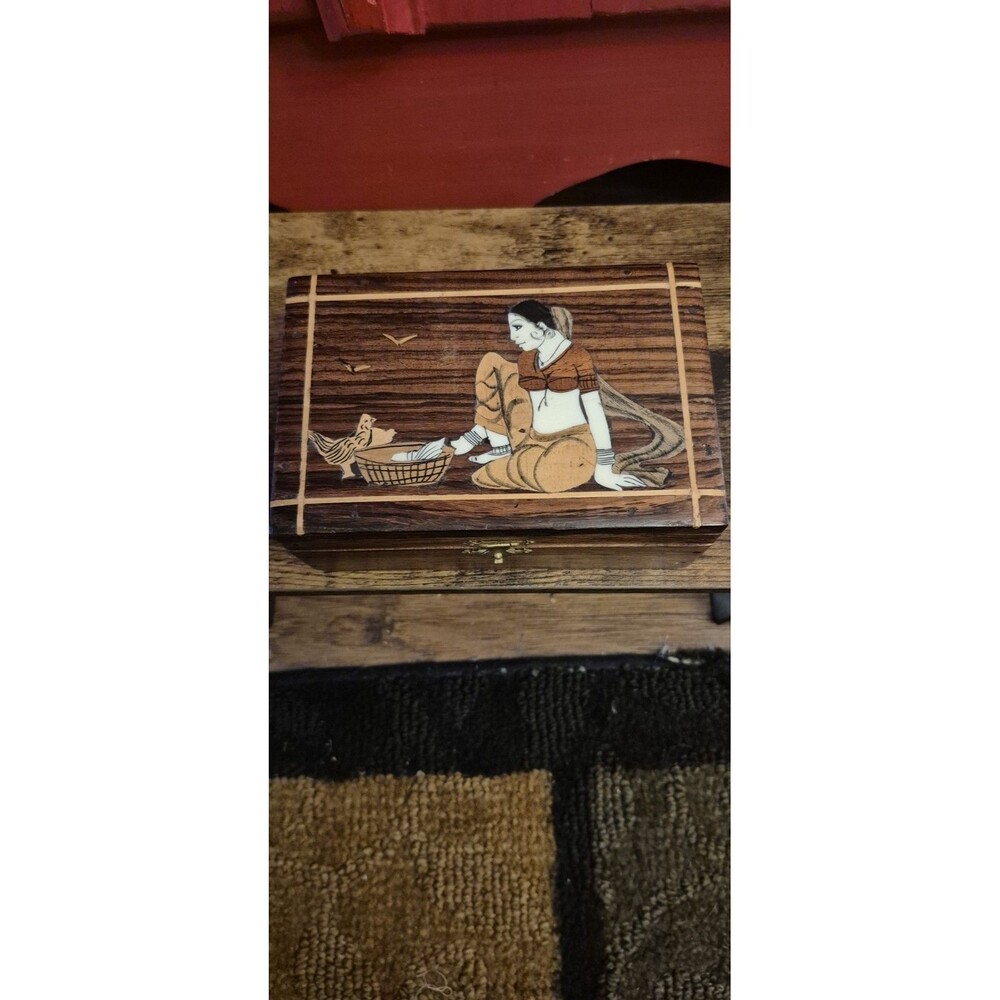 Rare Vintage Inlaid Wood Box Woman Chickens India 6x4x2.5 Stash Box Trinkets EUC